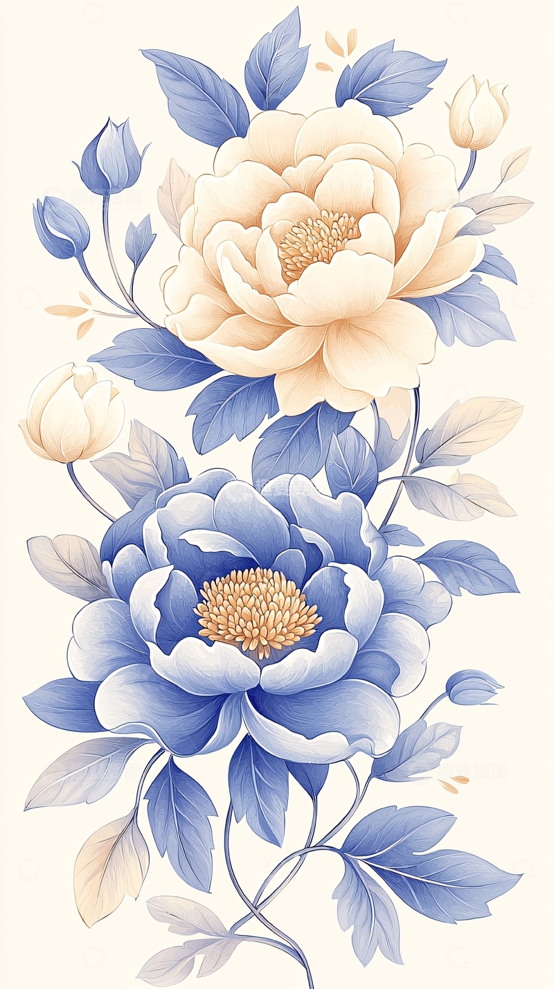 高清大图下载【趣麦麦图】蓝白水墨风牡丹花