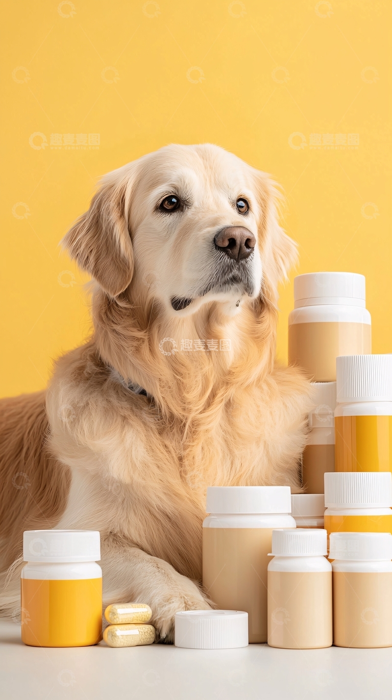 高清大图下载【趣麦麦图】金毛犬与药瓶