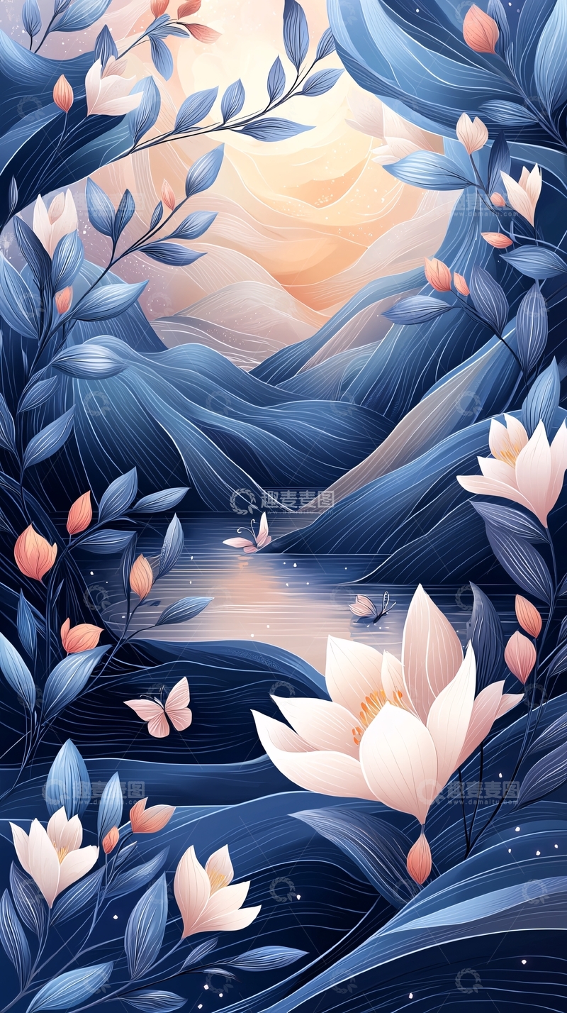 高清大图下载【趣麦麦图】唯美蓝色山水花卉意境图