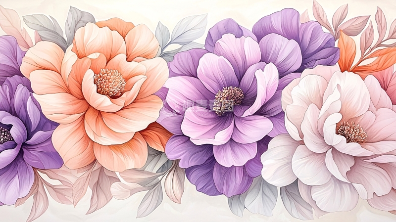 高清大图下载【趣麦麦图】柔和色彩的花朵水彩画