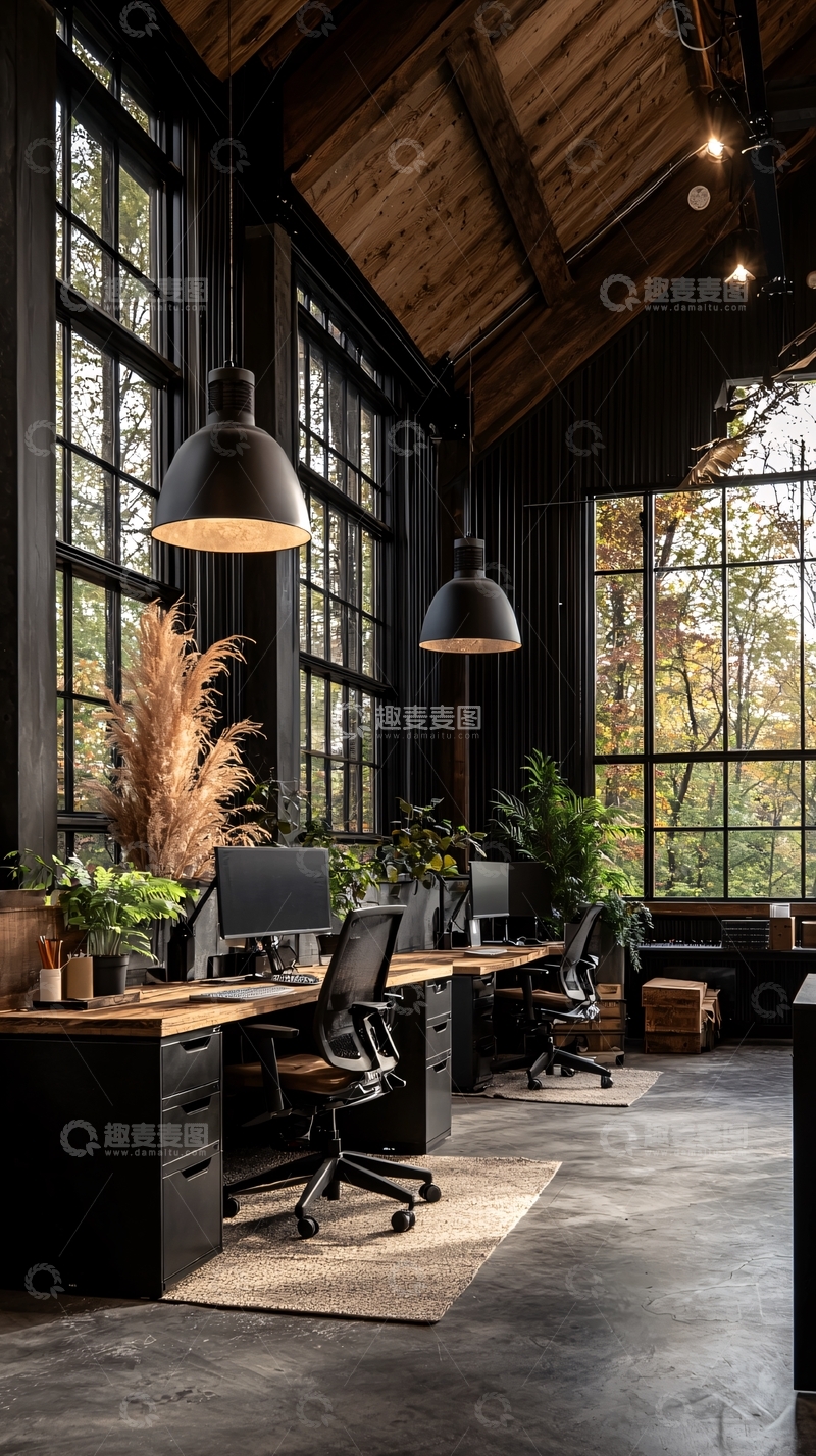 高清大图下载【趣麦麦图】高挑窗户的现代阁楼办公室