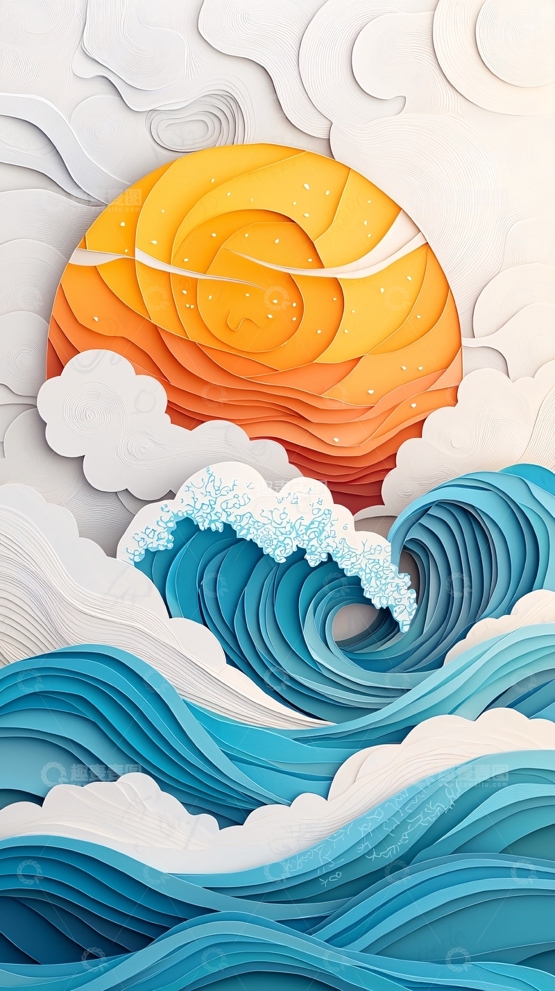 高清大图下载【趣麦麦图】纸艺风格的海洋日出