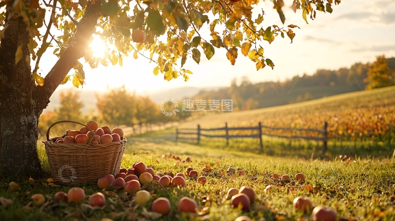 高清大图下载【趣麦麦图】阳光下的苹果树和果篮