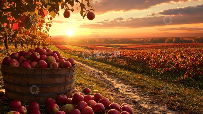 高清大图下载【趣麦麦图】丰收的苹果园日落美景