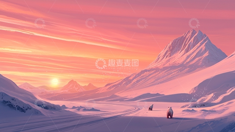 高清大图下载【趣麦麦图】粉色日落下的雪山