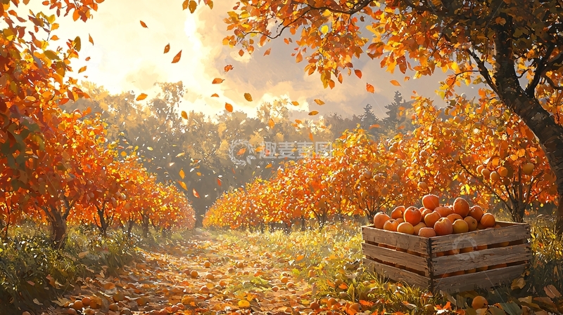 高清大图下载【趣麦麦图】秋日果园落叶缤纷