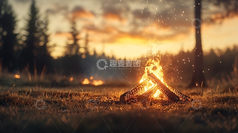 高清大图下载【趣麦麦图】旷野篝火日落美景
