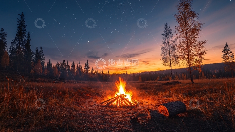高清大图下载【趣麦麦图】夜幕下的篝火燃烧