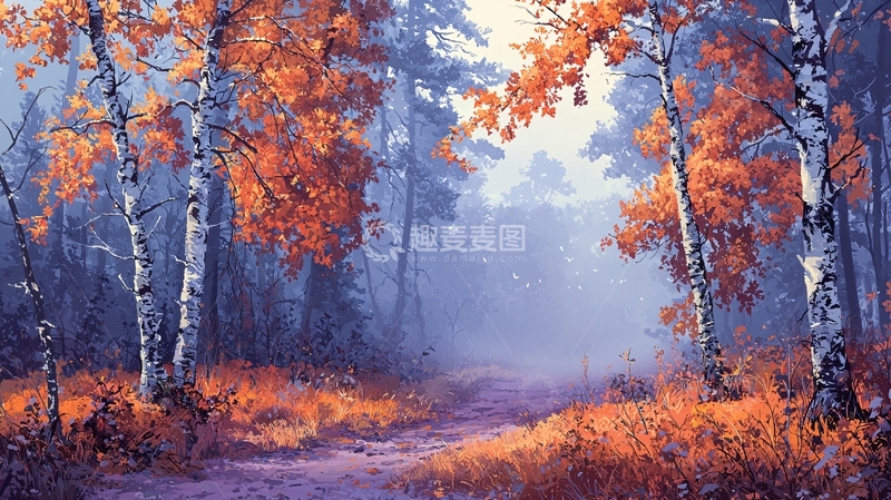 高清大图下载【趣麦麦图】秋日森林迷雾景色
