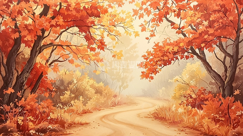 高清大图下载【趣麦麦图】秋日落叶小路风景油画