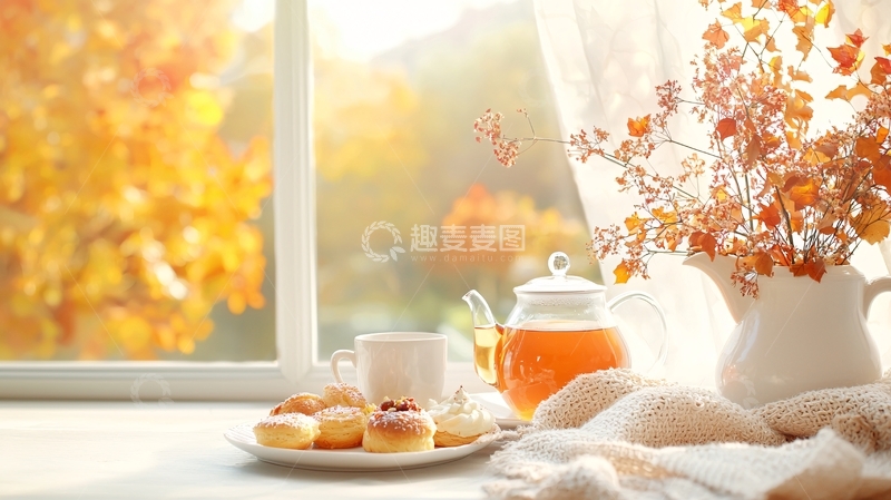 高清大图下载【趣麦麦图】秋日窗边下午茶点