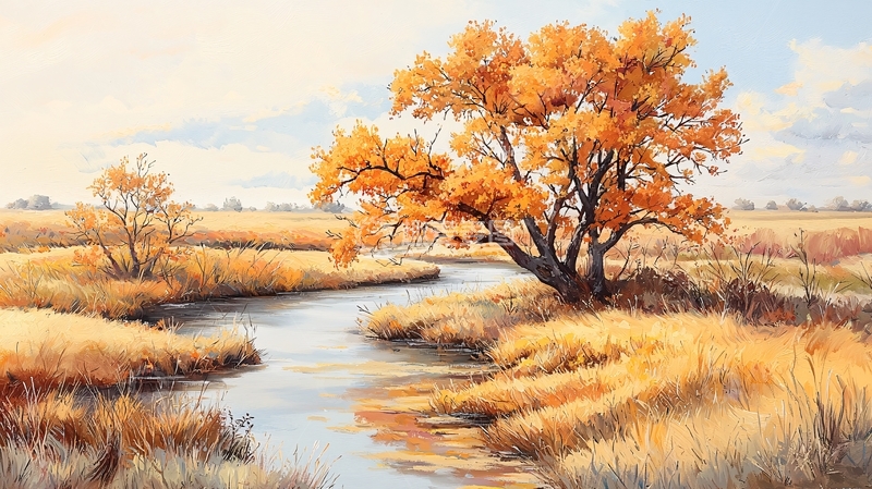 高清大图下载【趣麦麦图】秋日河畔的金色树木