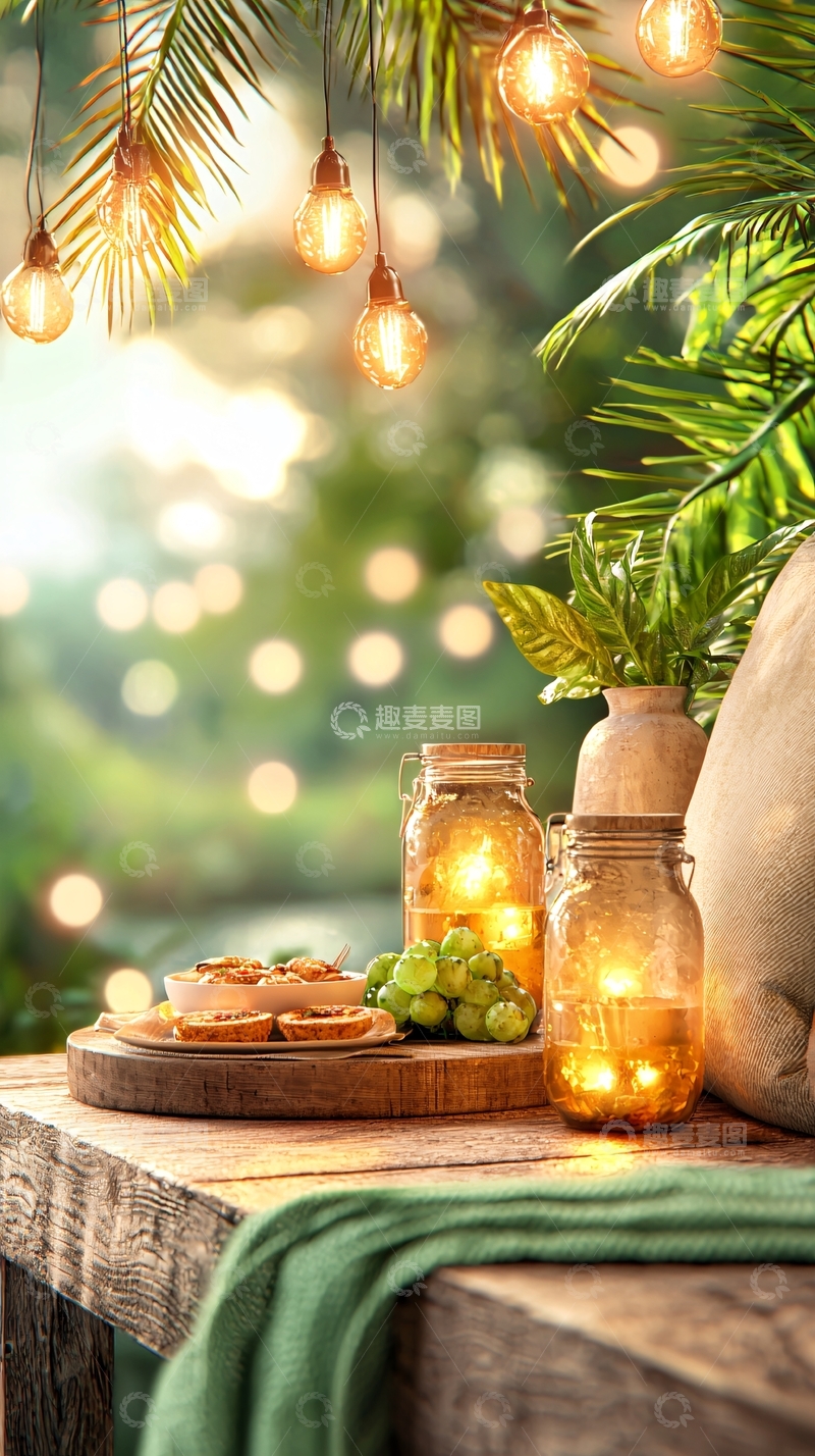 高清大图下载【趣麦麦图】温暖灯光下的户外餐桌