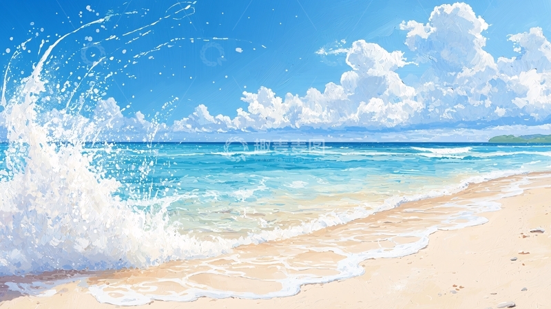高清大图下载【趣麦麦图】海边清澈海水和沙滩的动漫风格