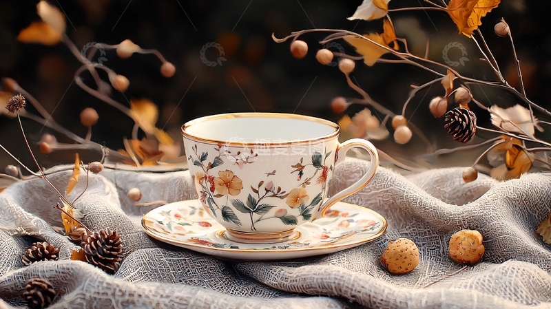 高清大图下载【趣麦麦图】精致茶杯秋日场景