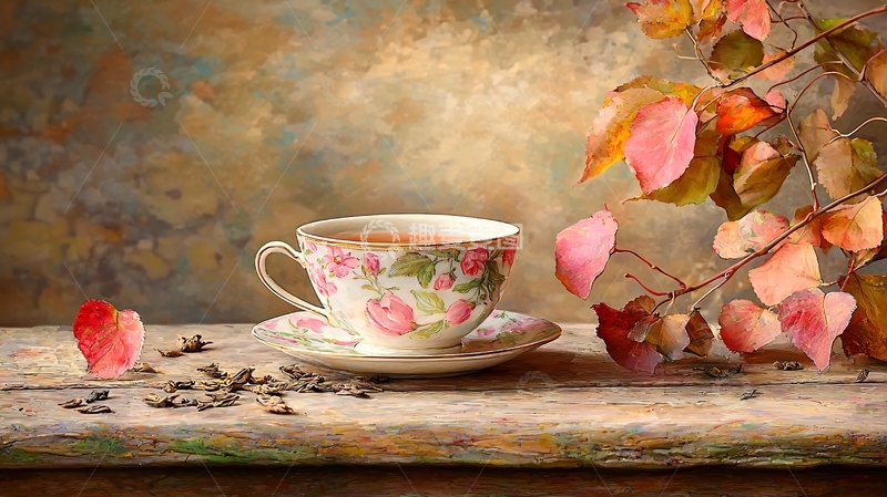 高清大图下载【趣麦麦图】茶杯与秋叶的静物