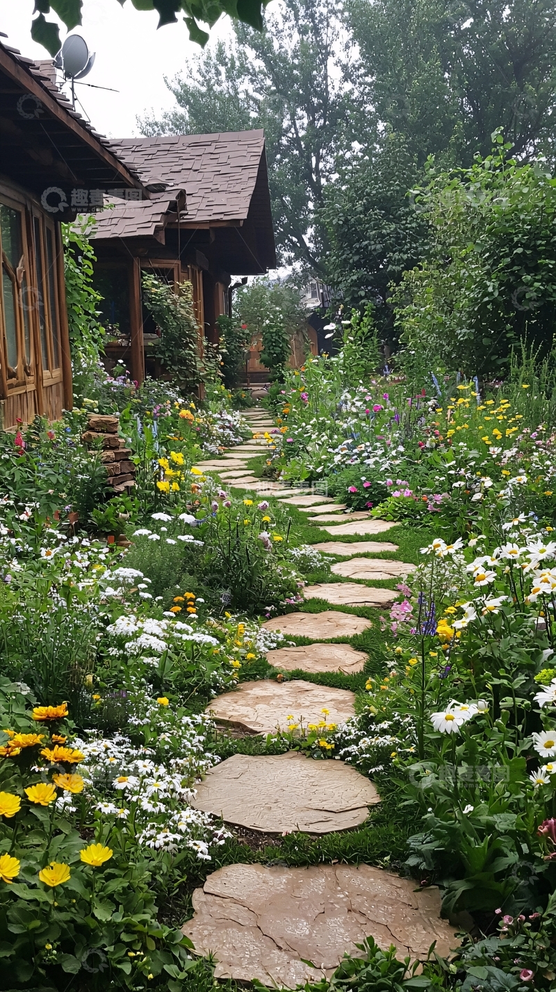 高清大图下载【趣麦麦图】石头小路穿过繁花盛开的花园