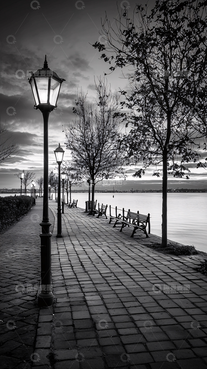 高清大图下载【趣麦麦图】黑白湖边长椅路灯景色