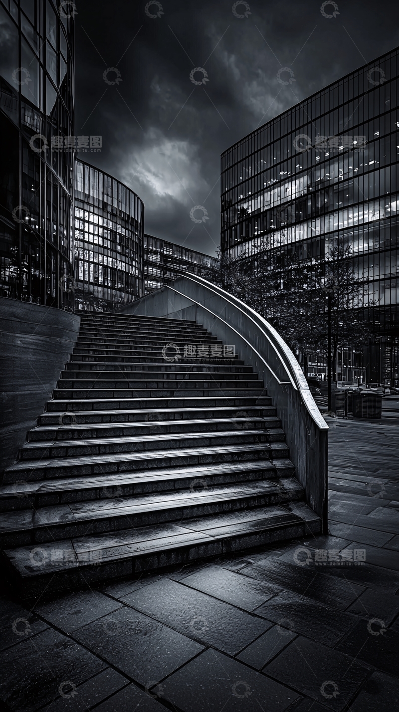 高清大图下载【趣麦麦图】黑白城市建筑的楼梯