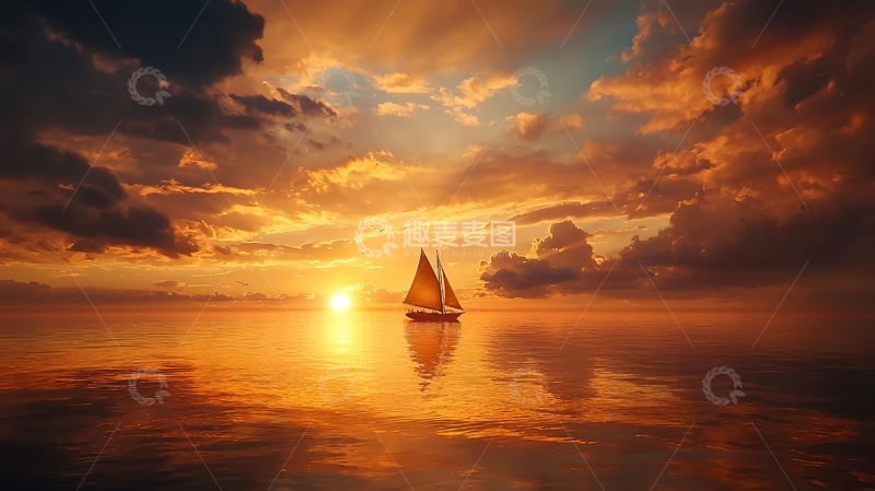 高清大图下载【趣麦麦图】帆船航行在金色海面