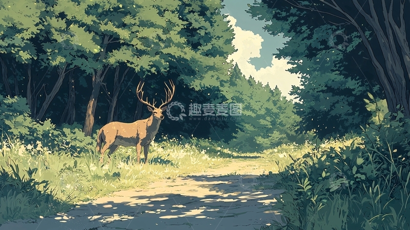 高清大图下载【趣麦麦图】林中草地上孤独的鹿