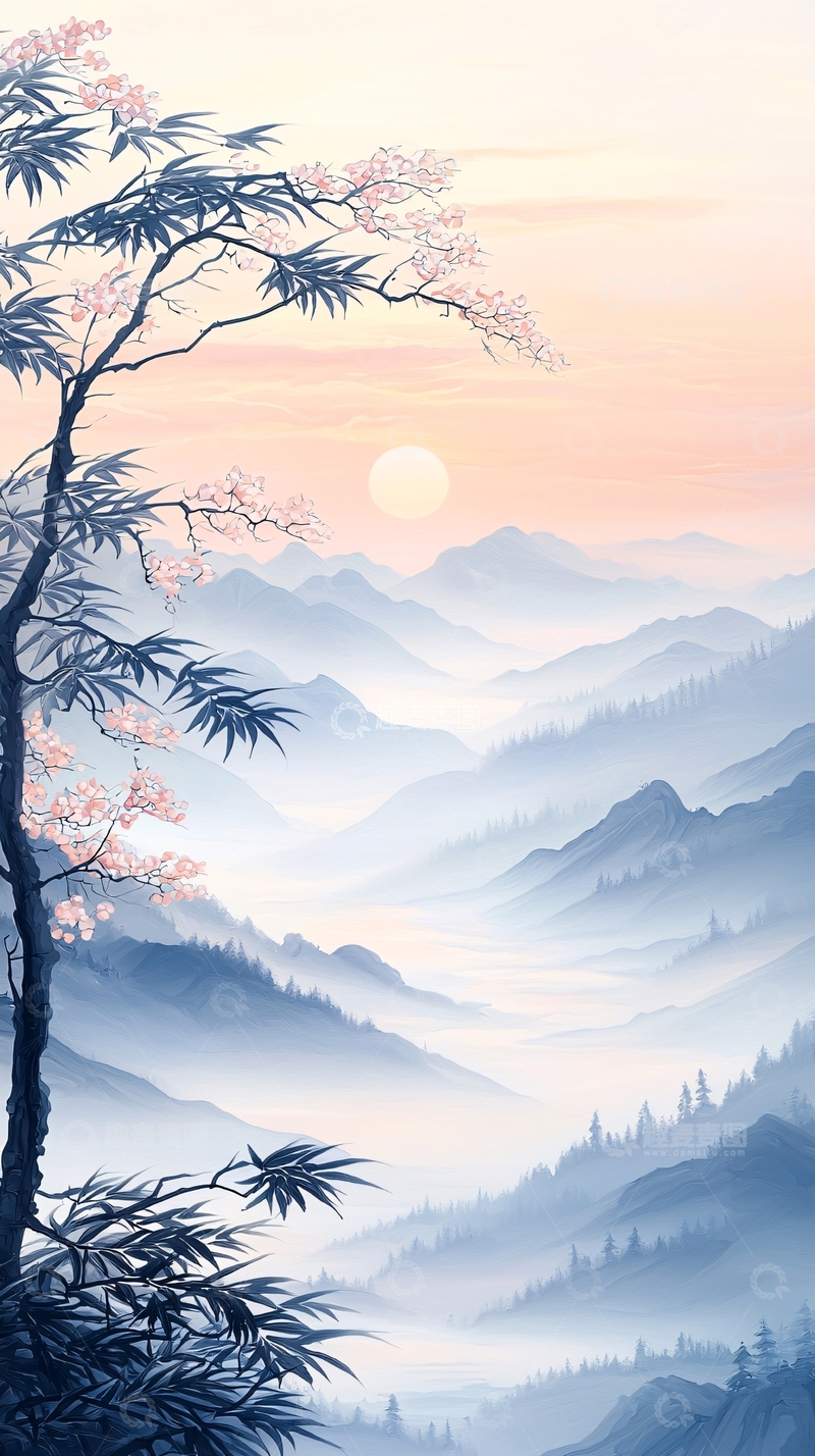 高清大图下载【趣麦麦图】水墨山水粉色天空