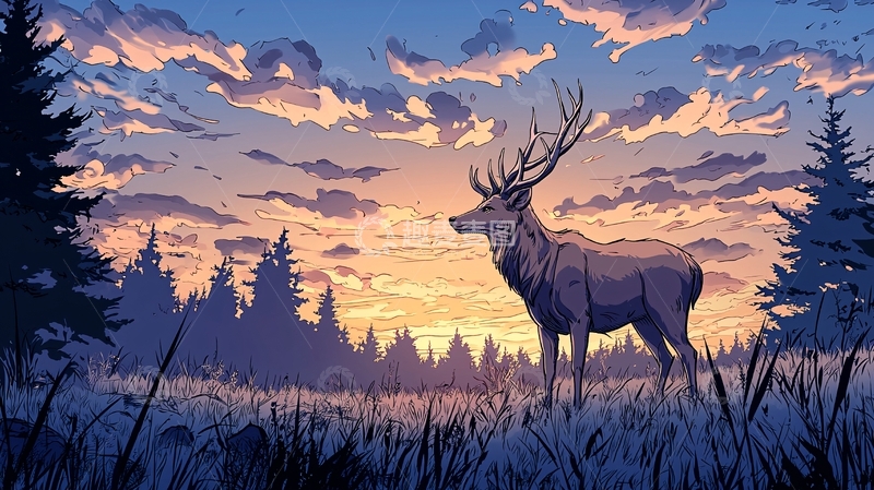 高清大图下载【趣麦麦图】傍晚森林中的鹿