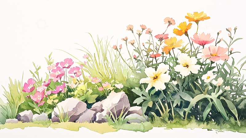 高清大图下载【趣麦麦图】水彩花卉草地石头