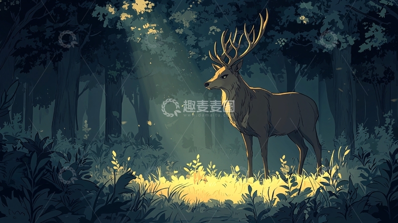 高清大图下载【趣麦麦图】森林里沐浴光芒的鹿
