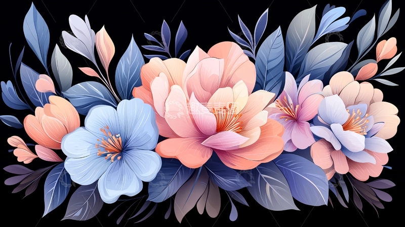 高清大图下载【趣麦麦图】粉色蓝色花朵叶子