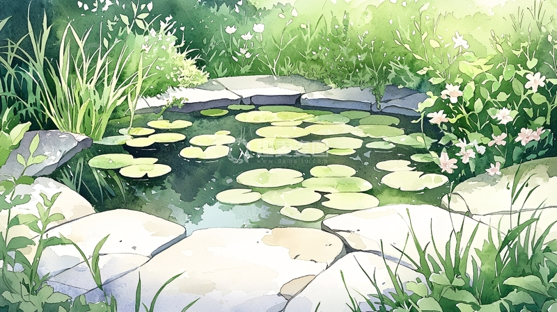 高清大图下载【趣麦麦图】花园里的圆形石砌池塘