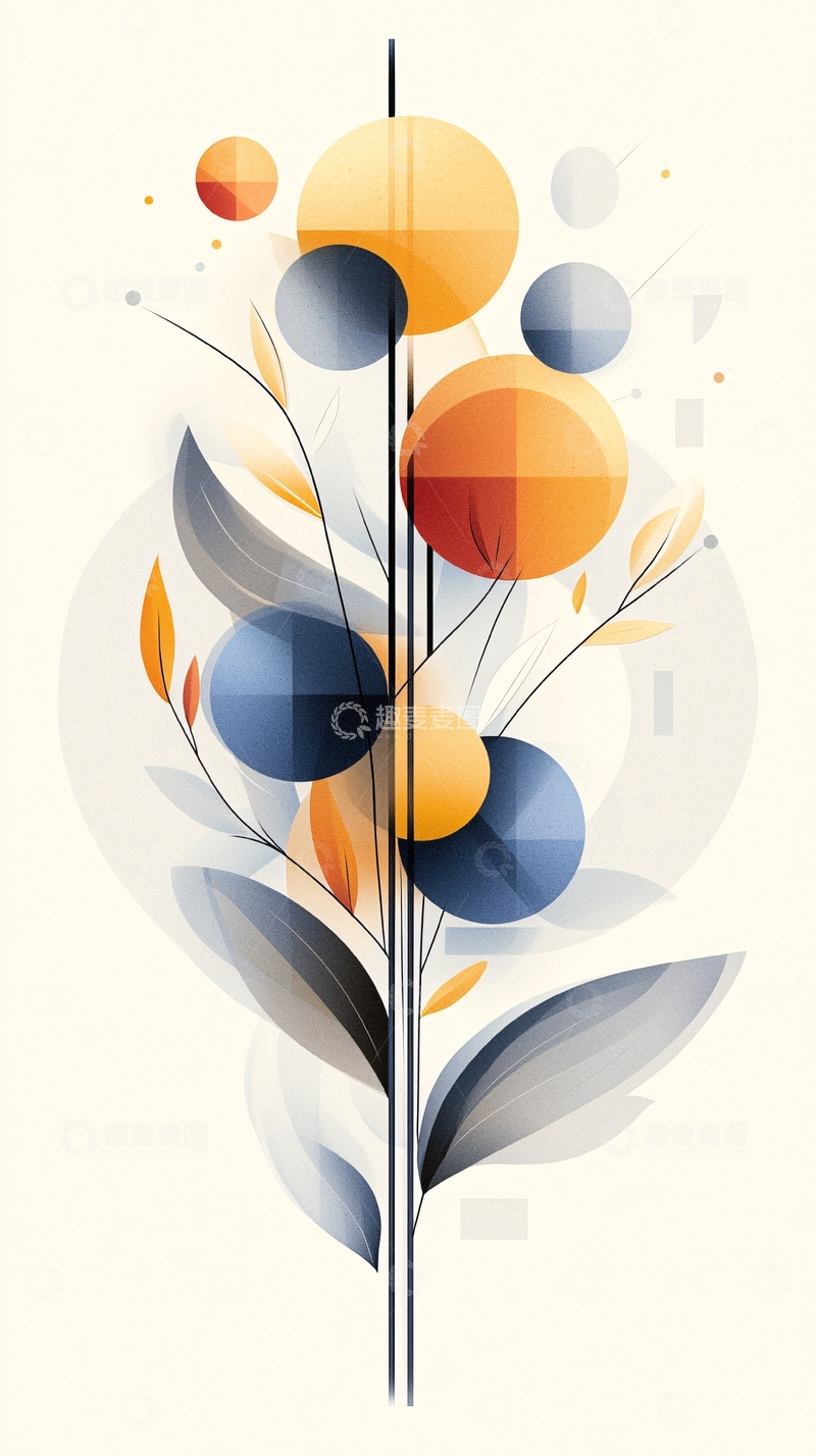 高清大图下载【趣麦麦图】抽象圆形植物水彩风格