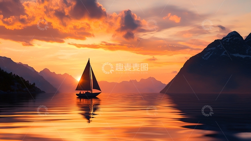 高清大图下载【趣麦麦图】夕阳下的帆船剪影