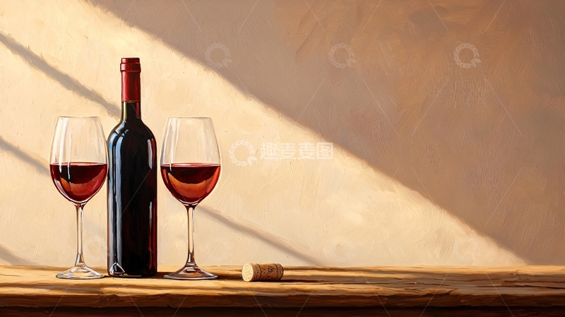 高清大图下载【趣麦麦图】红酒瓶和酒杯在木桌上