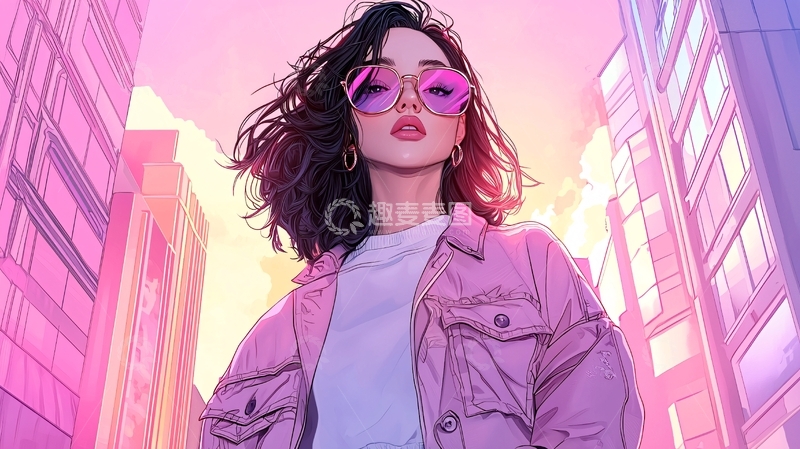 高清大图下载【趣麦麦图】粉色墨镜时尚女性画像