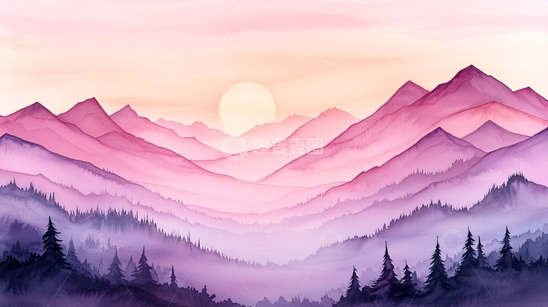 高清大图下载【趣麦麦图】水彩山脉日落景观
