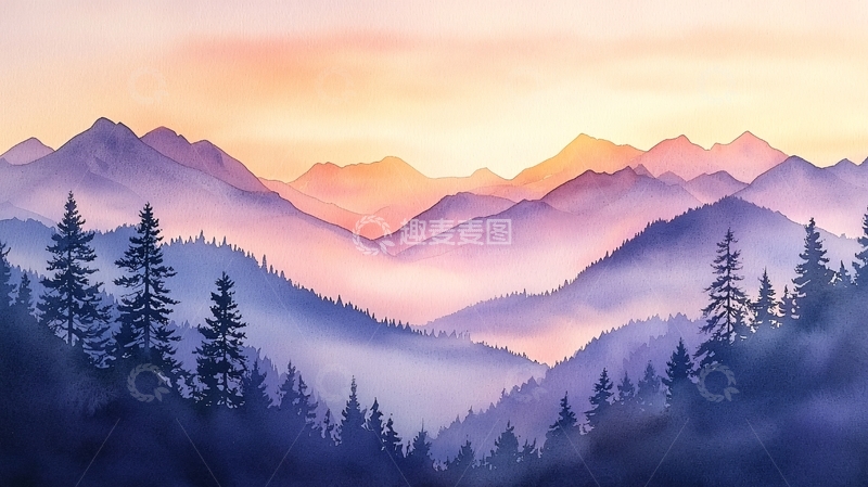 高清大图下载【趣麦麦图】水彩山脉渐变日落