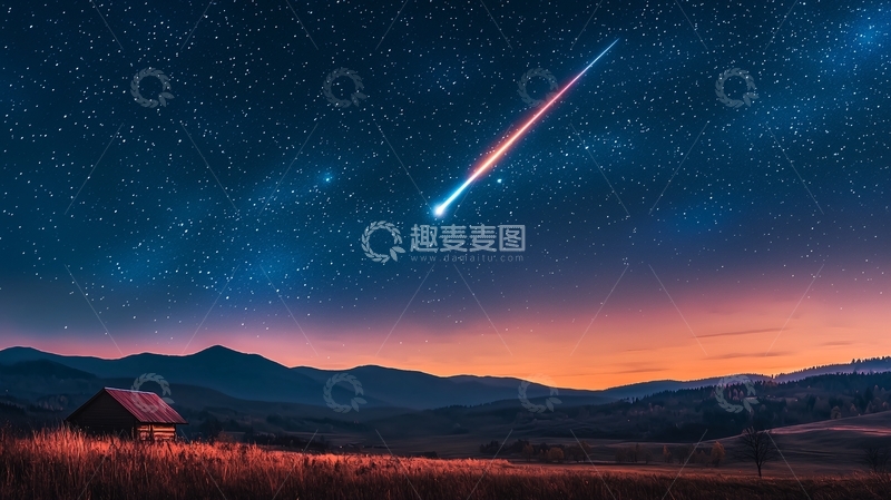 高清大图下载【趣麦麦图】流星划过星空下的田园小屋