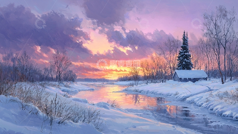 高清大图下载【趣麦麦图】冬日夕阳下的雪景油画