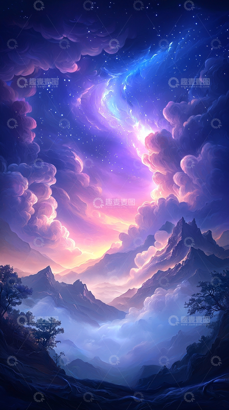 高清大图下载【趣麦麦图】梦幻星空下的山脉云海