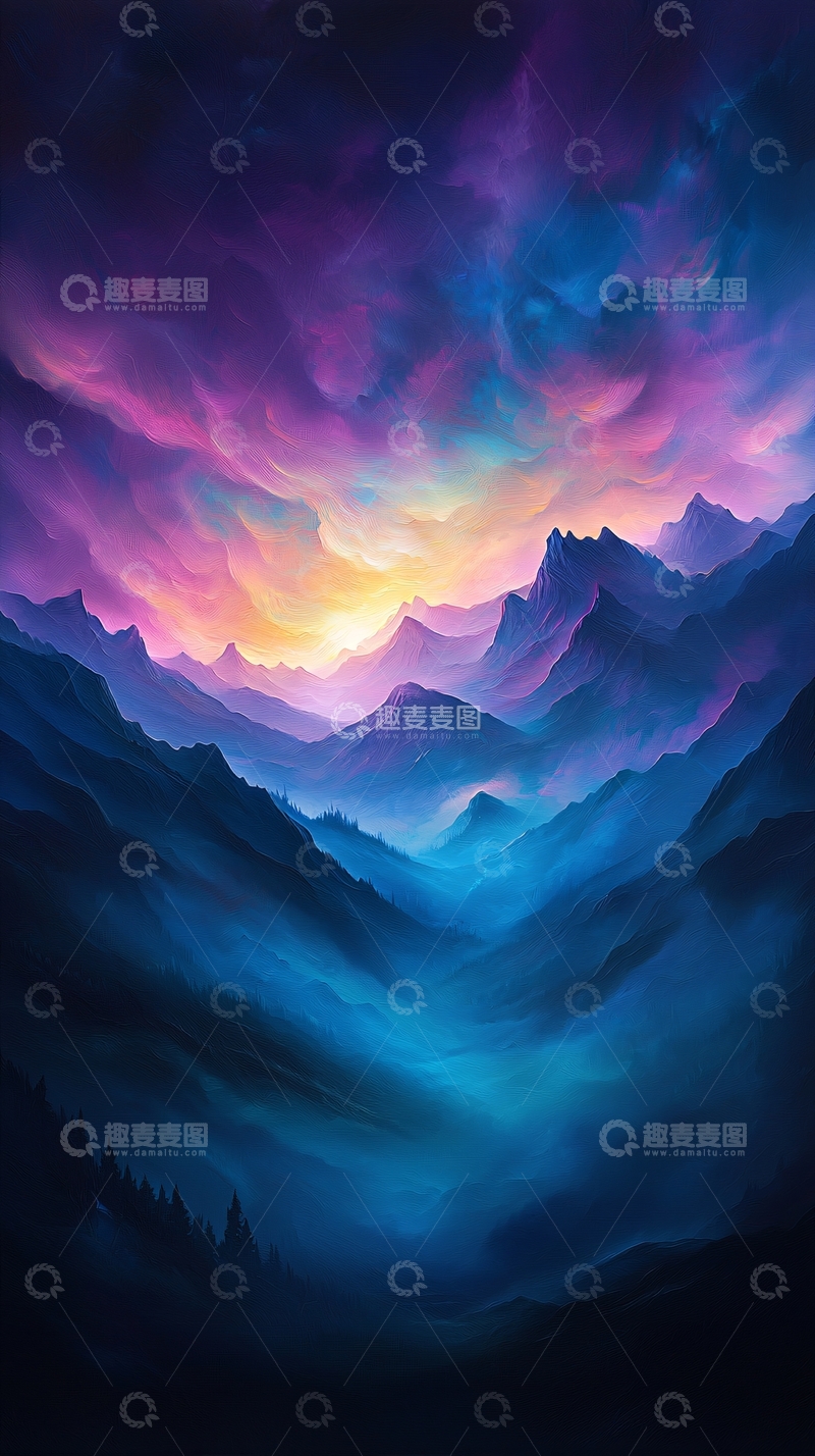 高清大图下载【趣麦麦图】紫色星空下的群山