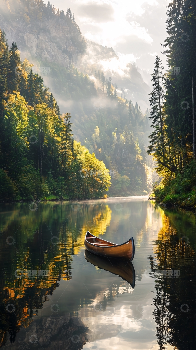 高清大图下载【趣麦麦图】清晨湖面上的独木舟