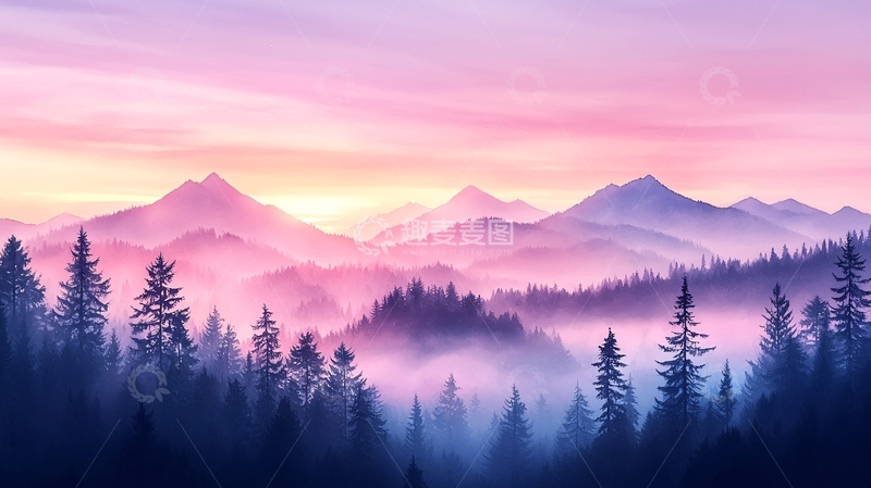 高清大图下载【趣麦麦图】粉色紫色山脉森林
