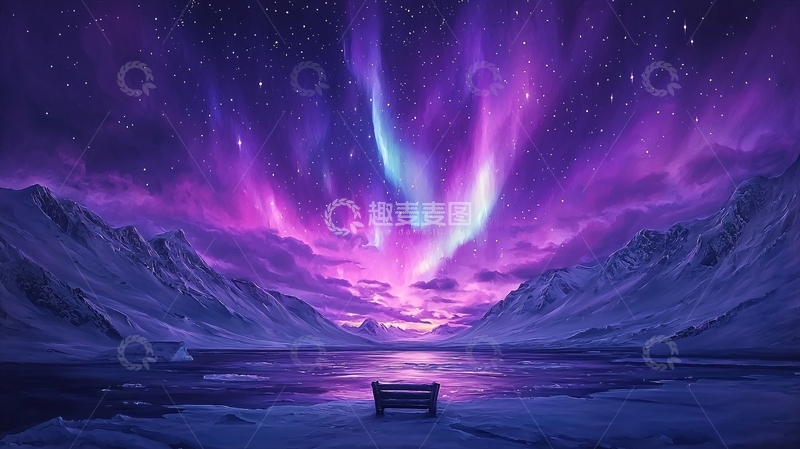 高清大图下载【趣麦麦图】紫色极光下的冰雪山峦