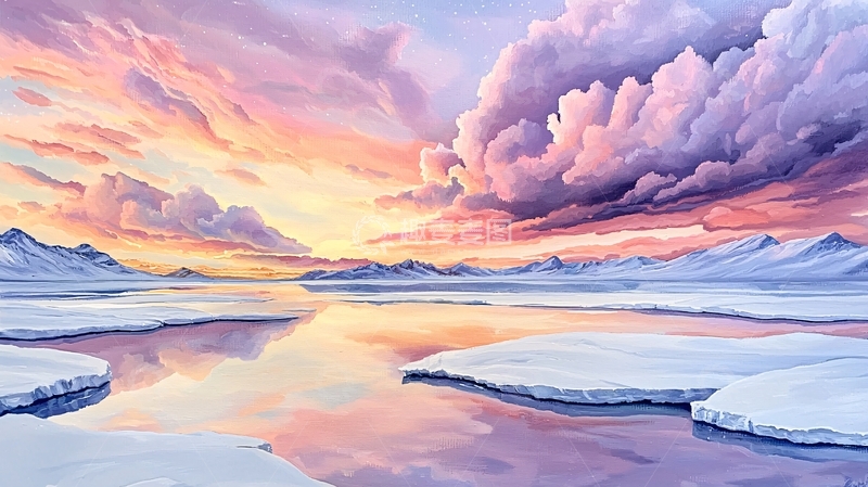 高清大图下载【趣麦麦图】粉色天空下的冰川湖