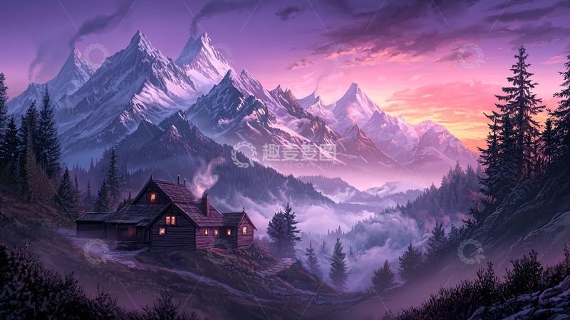 高清大图下载【趣麦麦图】紫色天空下的雪山小屋
