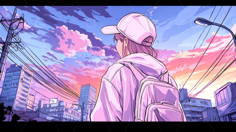 高清大图下载【趣麦麦图】粉色天空下的少女背影