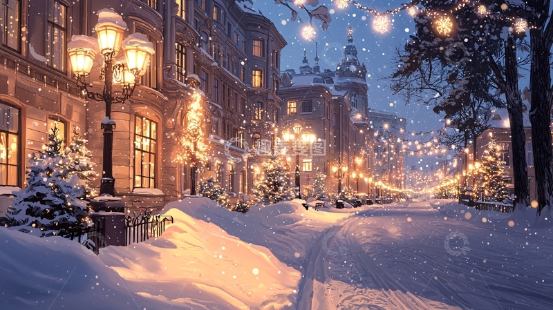 高清大图下载【趣麦麦图】冬日雪夜的城市街道