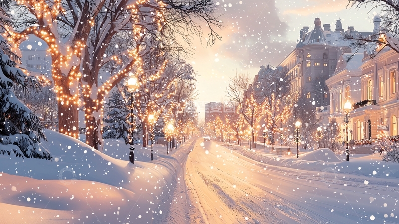 高清大图下载【趣麦麦图】冬日雪夜街道灯光
