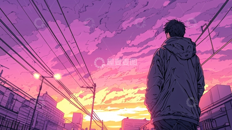 高清大图下载【趣麦麦图】-孤独背影下的紫色天空